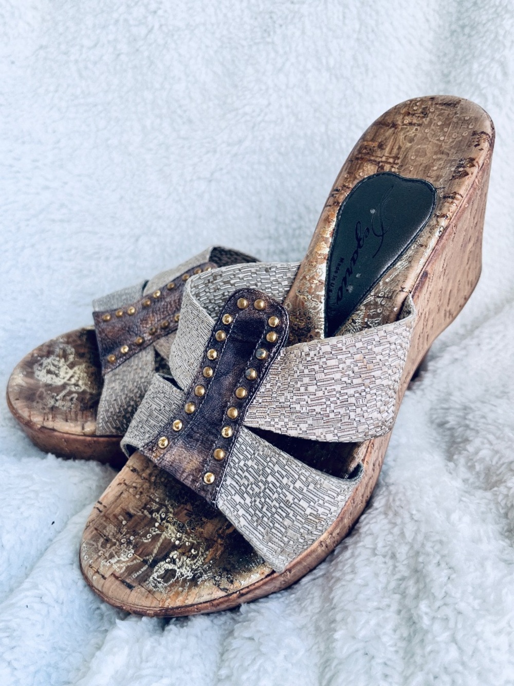 Vintage Dezario Cork Wedge Sandals Studded Straps Boho Y2K Slides Size 6